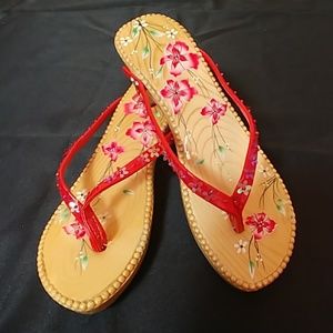 Hand Painted Wooden Flip Flops Red